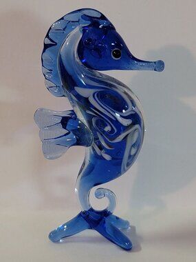 Beautiful Blue, White with Gold Flecks Art Glass Seahorse Figurine